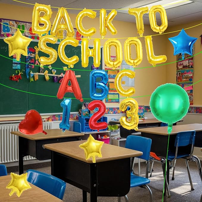 16 Inch Gold Foil BACK TO SCHOOL Letter Balloon Set, ABC 123 Balloons, and - Image 4
