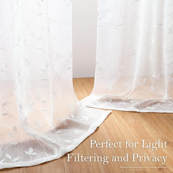 HOMEIDEAS White Sheer Curtains 2 Panels, Embroidered Vine Leaf, W52 x L96 | - Image 6