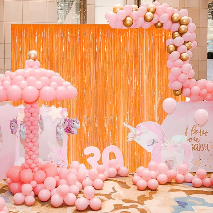 Orange Metallic Tinsel Foil Fringe Curtains, 2 Pack 3.3x8.3 Feet Party Streamer - Image 5