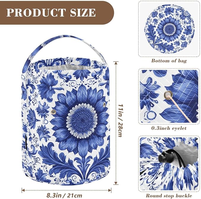 Sunflowers Blue and White Leaves Yarn Bag Small Crochet Bag Drawstring Yarn - Image 3
