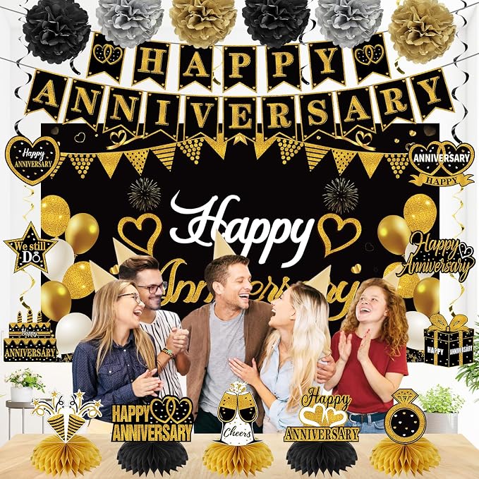 Turypaty Happy Wedding Anniversary Decorations Kit Supplies Black Gold | Large - Image 5