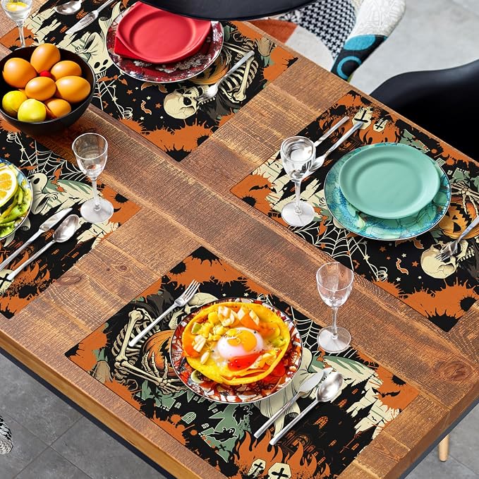 Halloween Skeleton Ghost Placemats Set of 4 12x18 Inch Spooky Pumpkin Bat Table - Image 7