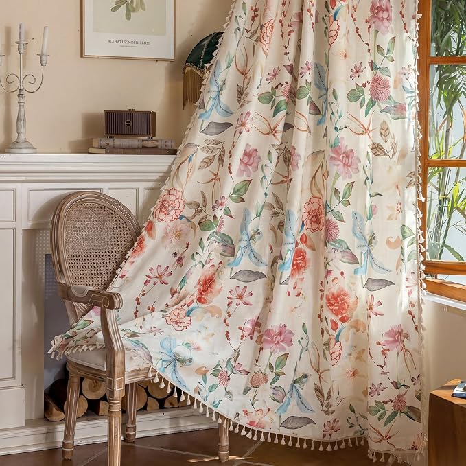 Floral Semi Sheer Rod Pocket Living Room 2 Panel Curtains 63 Inch Length | by ENJOYBRIDAL