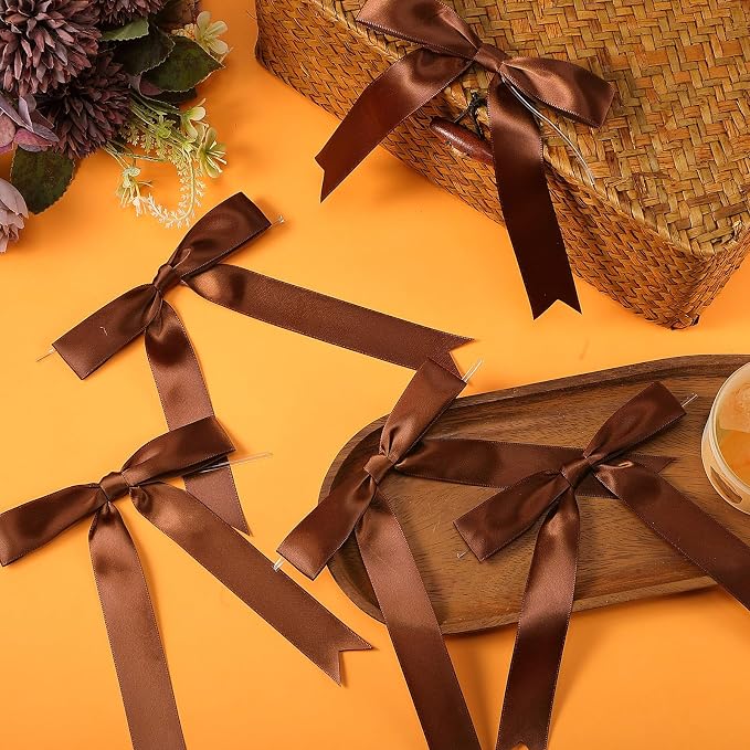 Riceshoot Brown 24 Pcs Satin Ribbon Bows 5x7'' Self Adhesive Stick on Premade - Image 2