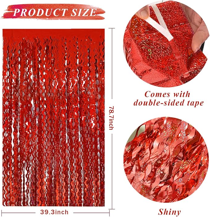 BOMSI Red Tinsel Foil Fringe Curtains Wavy Backdrop - Image 2