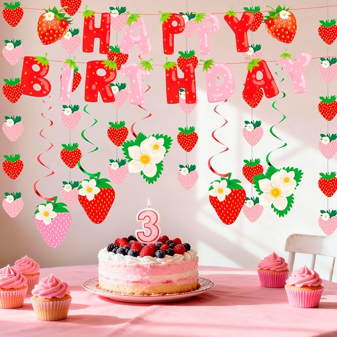 MEETINGU Happy Birthday Banner, Strawberry Theme Party Decoration Supplies - Image 5