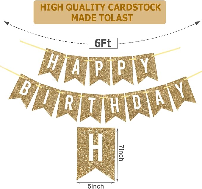 Netnology Pre-Strung Gold Glitter Happy Birthday Banner Decorations | 12 ft No - Image 2