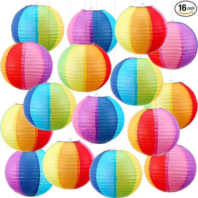 Treela 16 Pcs Beach Ball Paper Lanterns, Rainbow Hanging Paper Lanterns by Treela