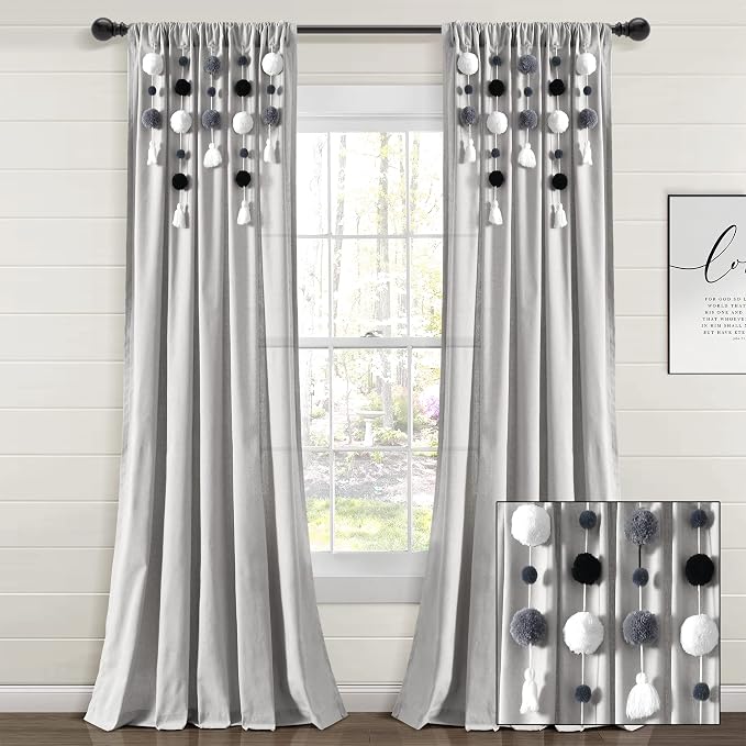 Lush Decor Boho Pom Pom Tassel Linen Textured Window Curtain Panel, Single 52" - Image 10