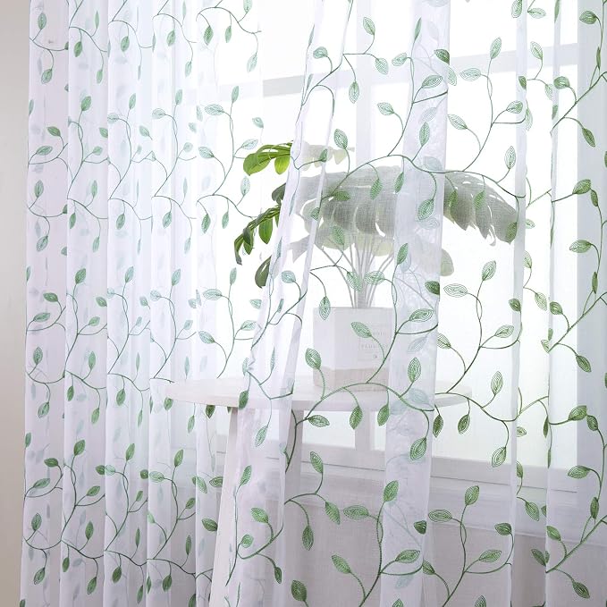Tollpiz Leaves Short Sheer Curtain Green Leaf Embroidery Living Room Curtains - Image 2