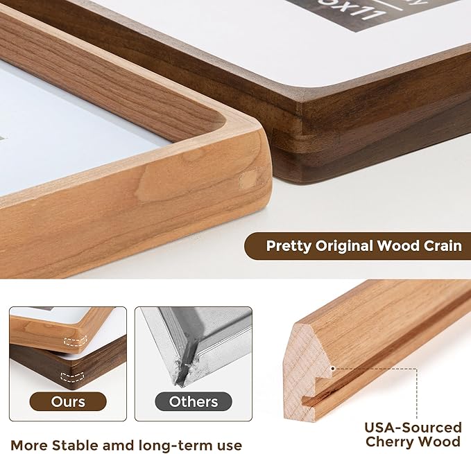 22x28 Picture Frame USA-Sourced Natural Cherry Wood Solid Original Wood Photo Frame Rounded Corner with Mat to 18x24 Picture Display with Real Glass Family Picture, Wedding Picture, Photo, Certificate