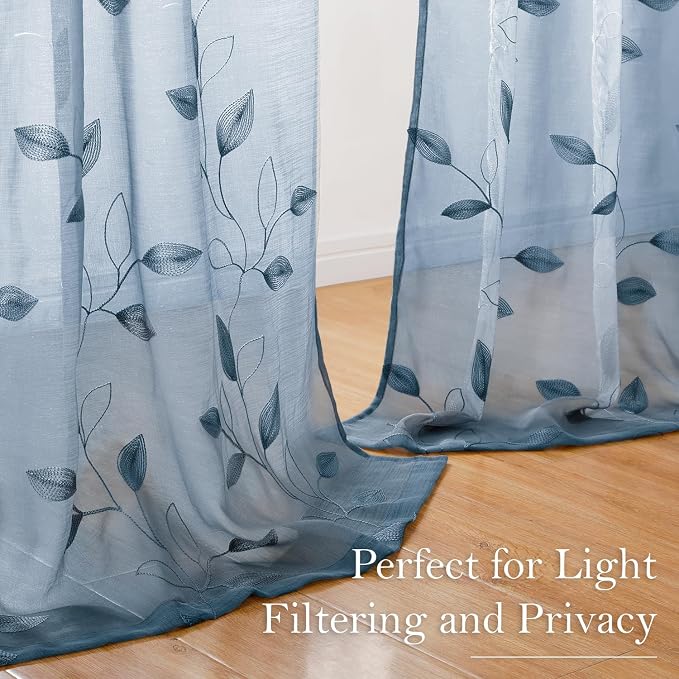 HOMEIDEAS Stone Blue Floral Sheer Curtains 63 Inches Long 2 Panels Embroidered - Image 7