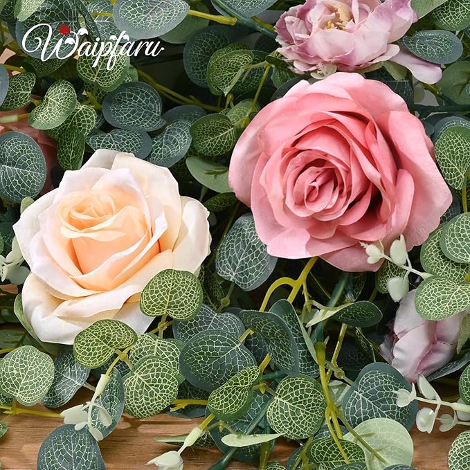 Waipfaru Artificial Flower Garland with Lights, 6.07Ft Lighted Eucalyptus Greenery Garland, Pink Rose Floral Vines for Wedding Table Runner Centerpieces Backdrop Decor