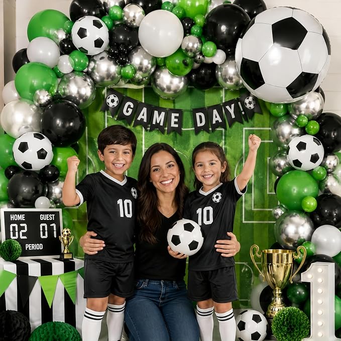 Soccer Balloons, 12 Inch Green Black White Metallic Silver Latex Balloons - Image 6