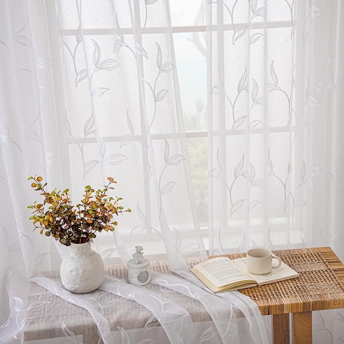 White Sheer Curtains Boho Leaf Floral Embroidered 54Wx72L | Light Filtering - Image 7