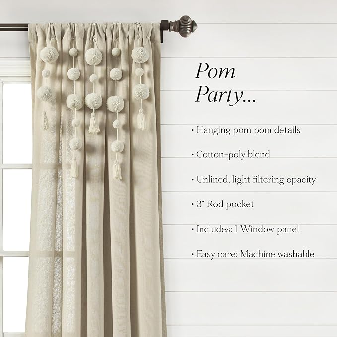 Lush Decor Boho Pom Pom Tassel Linen Textured Window Curtain Panel, Single 52" - Image 7
