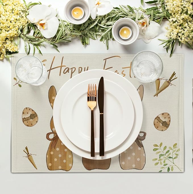 Happy Easter Bunny Placemats Set of 4 Easter Rabbit Egg Carrots Linen Fabric - Image 3