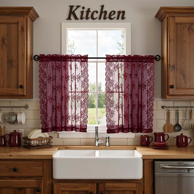 Kotile Burgundy Sheer Lace Curtains by Kotile+Curtains
