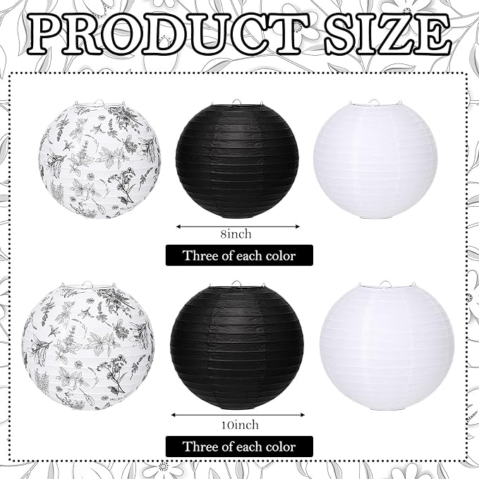 Riakrum 18 Pcs Floral Paper Lantern Set 10" 8" Black and White Round Lantern - Image 2