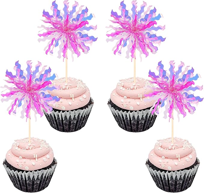 30 PCS Foil Firework Cupcake Toppers Sparkle Tinsel Cupcake Picks Happy by ZHUOWEISM