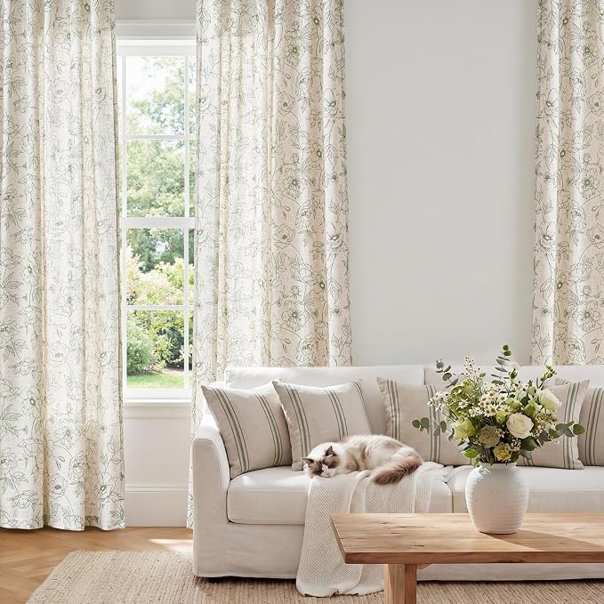 jinchan Floral Linen Curtains for Living Room 84 Inch Length Green Flower - Image 2
