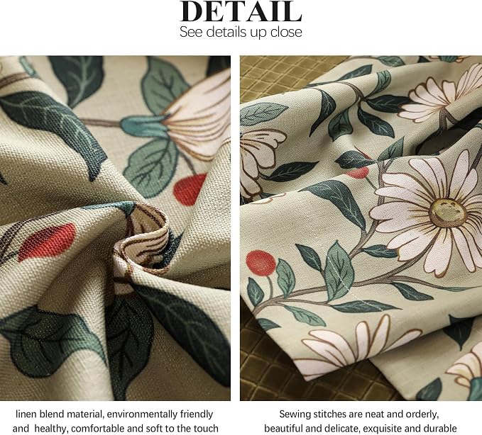 Designer French Green Linen Printed Curtain, 2 Panels, Floral Pattern Home - Image 7