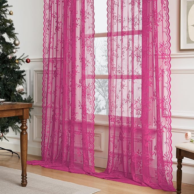 108 Inch Raspberry Lace Curtains Rod Pocket Large 3D Floral Embroidery Semi - Image 2