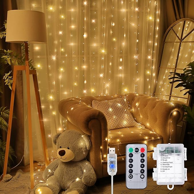 Meonum Curtain Tapestry Backdrop String Lights, Each 13 Strings 6.6 x 5 ft Tapestry Fairy String Light, 8 Modes Window Wall Hanging Light Strings for Bedroom Christmas Curtain Decor(3 Pack)