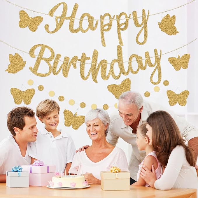 Pre-Strung Happy Birthday Banner, NO DIY Party Decorations | Glitter Gold - Image 5