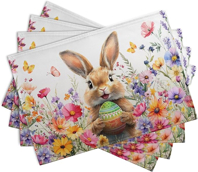 Easter Rabbit Placemats Set of 4 Spring Bunny Colorful Egg Wildflower Place Mat - Image 2