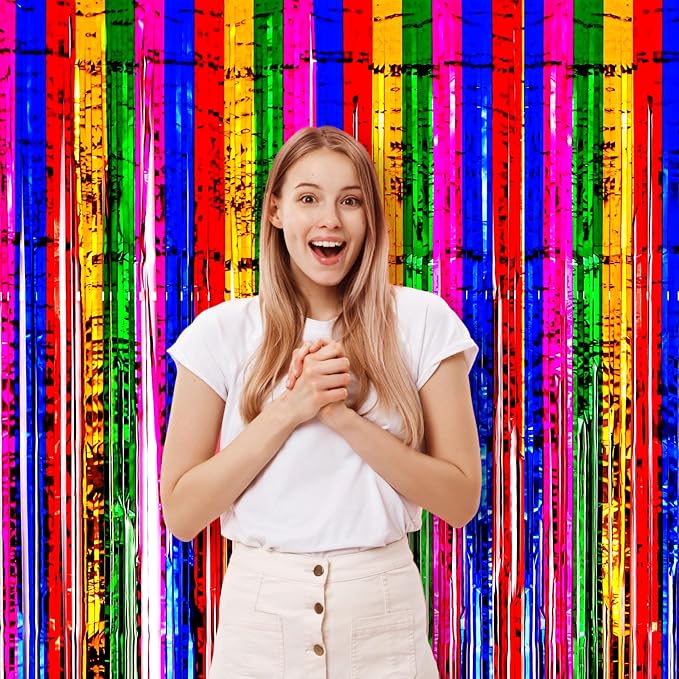 Voircoloria Rainbow Foil Fringe Backdrop Curtains, 3 Pack | Tinsel Streamers - Image 6