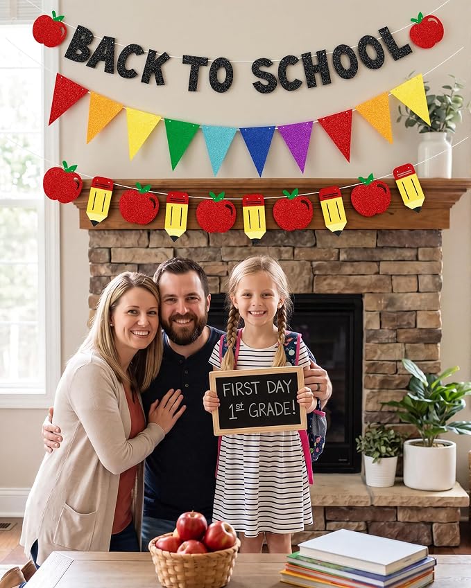 Back to School Party Decorations – Black Glitter Banner, Colorful Triangle - Image 5