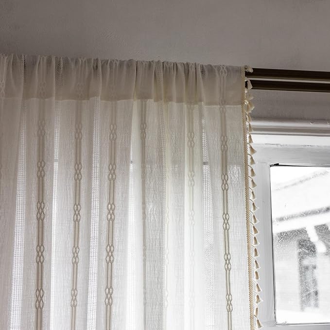 Boho Curtains for Bedroom Embroidery Striped Farmhouse Curtains 63 Inch Length - Image 8