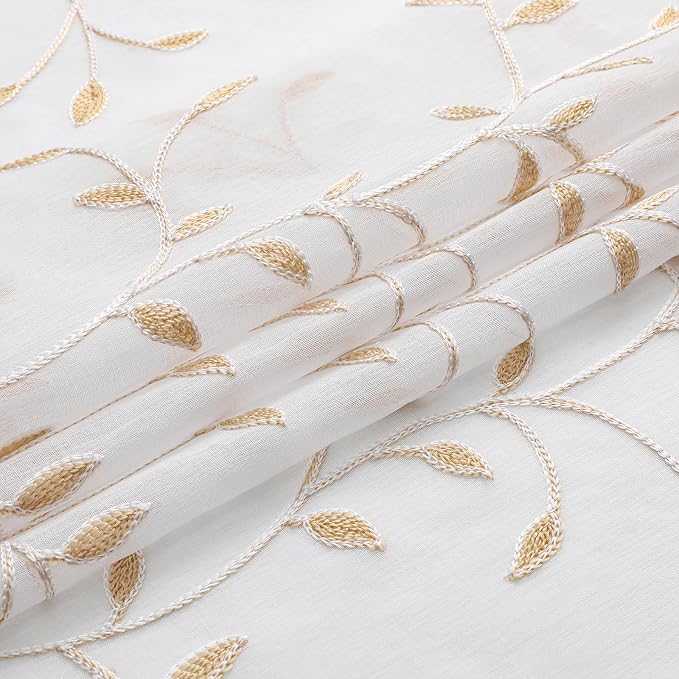 White Sheer Voile Curtains, Decorative Orange Leaves Embroidery Faux Linen Rod - Image 5