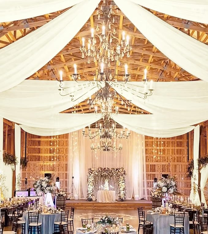 4 Panels Ivory Ceiling Drapes for Wedding 5ftx20ft Sheer Drapery Chiffon Fabric Arch Draping Curtains for Party Ceremony Birthday Baby Shower Reception Stage Ceiling Decorations
