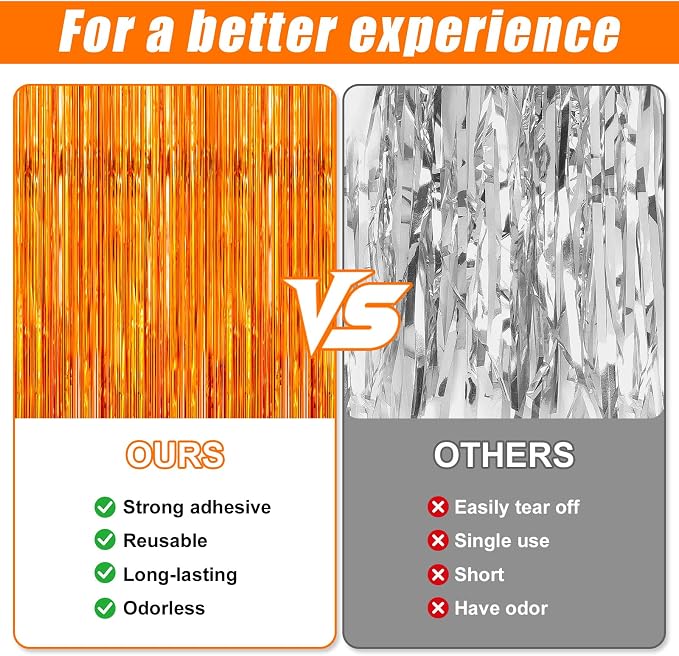 3 Pack 3.3 x 9.9 ft Orange Fringe Backdrop Streamers Party Decorations | Foil - Image 3