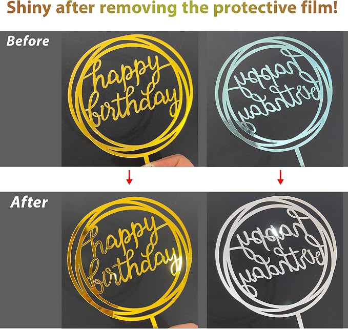 6-Pack Gold Cake Topper Set, Double-Sided Glitter, Acrylic Happy Birthday - Image 4