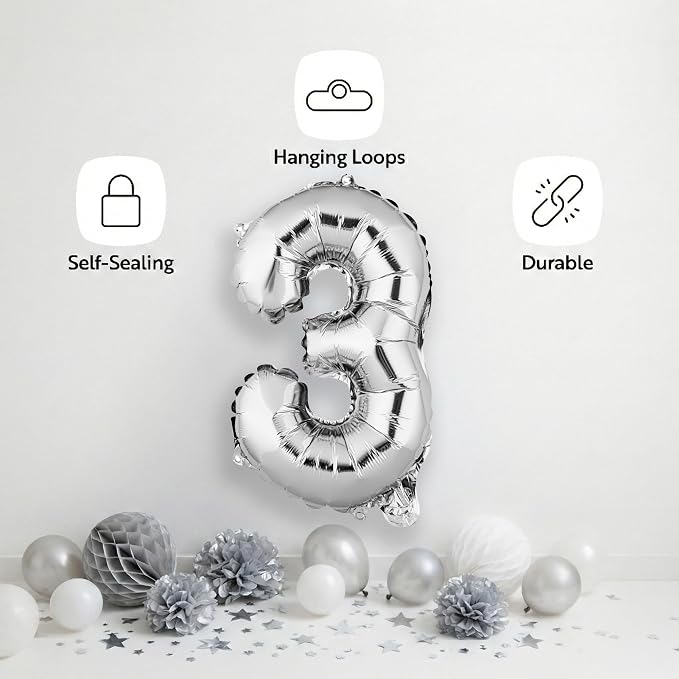 Restaurantware Mylar Balloons 1 Count 16 Inch Aluminum Number 3 Balloons - Image 4