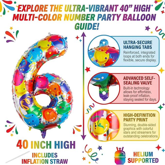 40 Inch Number 6 Balloon, Colorful Foil Mylar Balloons - Image 2