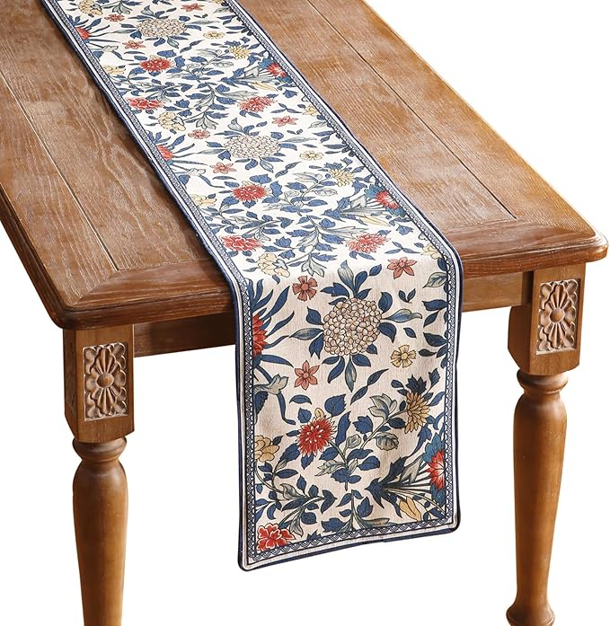 patdrea Designer Blue Cottage Rustic Floral Patterned Linen Table Runner 102 Inch Long,Wrinkle Resistant Table Mat,Decoration for Kitchen Dining and Coffee Tables Banquet Christmas ,12"x102"