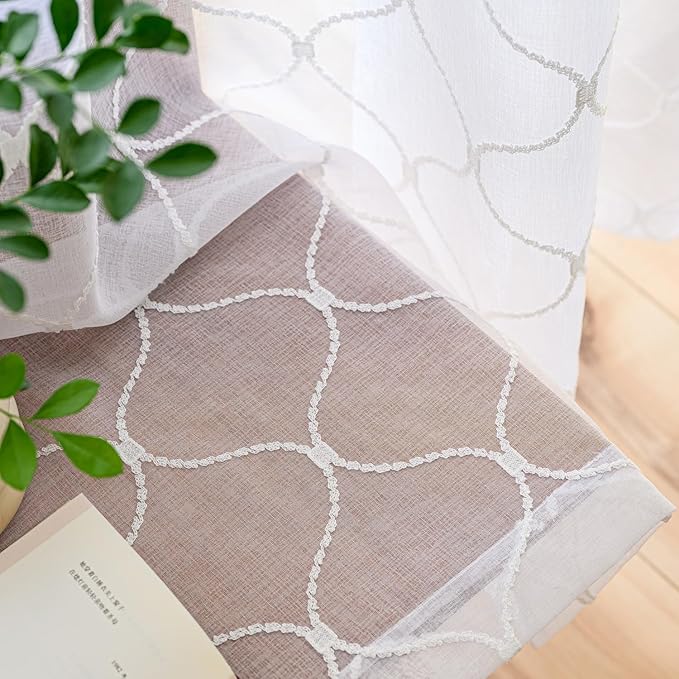 Sheer Curtains White 45 Inches,Wavy Diamond Embroidered Rod Pocket Voile Drapes for Living room, Bedroom, Window Treatments Semi Crinkle Curtain Panels for Yard, Patio, Parlor, 2 Panels, 52"x 45".