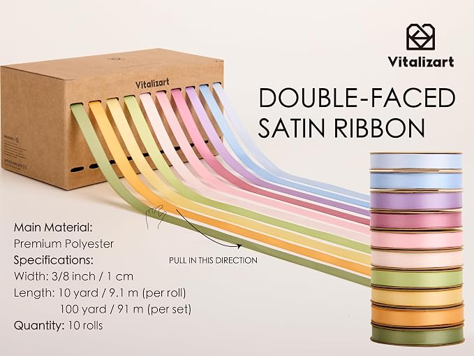 Vitalizart Pastel Ribbons for Crafts 3/8" x 100Yds Double-Faced Satin Thin | - Image 2