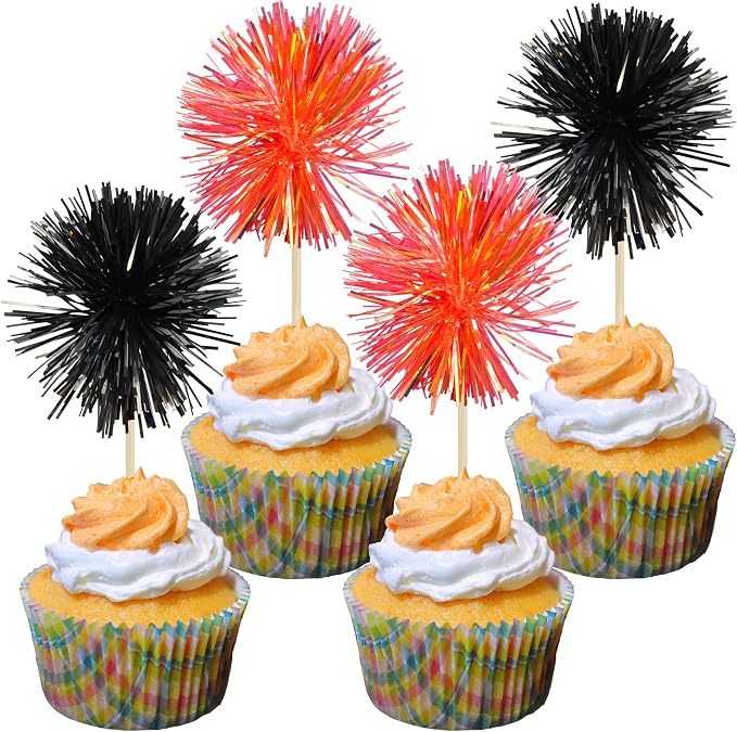 Gyufise 30Pcs Foil Firework Cupcake Toppers Sparkle Tinsel Cake Toppers Tinsel by Gyufise