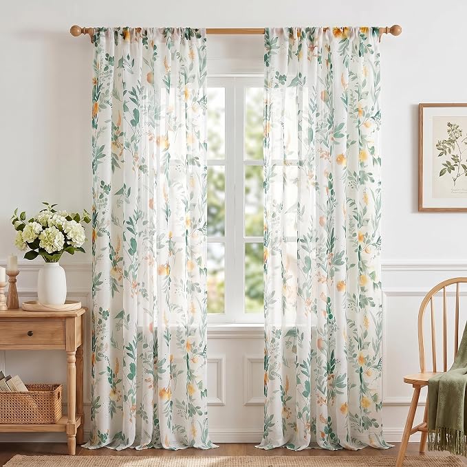 MYSKY HOME Green Sheer Floral Curtains 102 Inch Length - Image 2