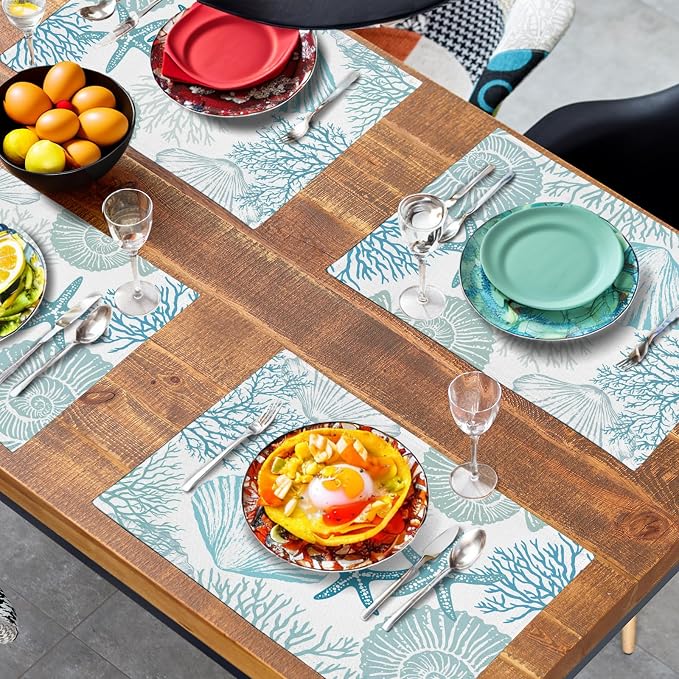 Nautical Coastal Blue Placemats Set of 4 Summer Teal Turquoise Beach Theme - Image 7