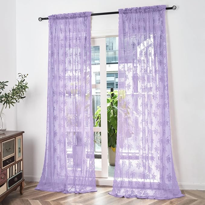 Kotile Light Purple Floral Lace Curtains - Image 3