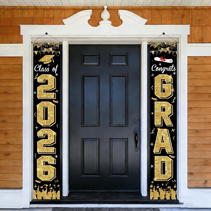 Class of 2026 GRAD Banner Porch black and gold graduation decorations，Welcome by Unknown
