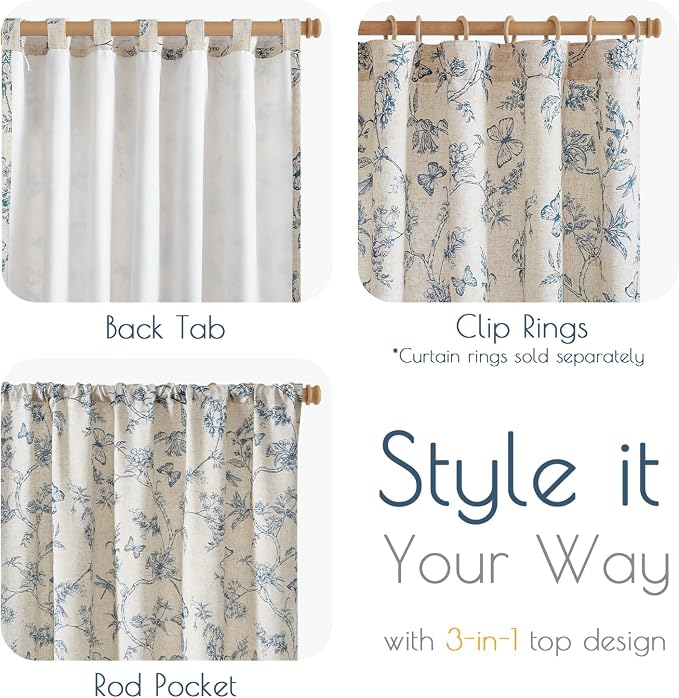 Blue Floral Linen Lined Curtains Rod Pocket 50W X 63L 2 Panels | Charlotte - Image 6