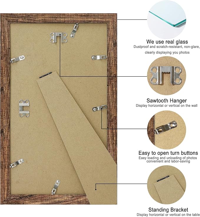 8x14 Picture Frame Set of 2, Rustic Brown Wood Frame with Glass Collage Frame, Display Pictures 3-4x6 With Mat or 8 x 14 Without Mat - Horizontal or Vertical Wall Mounting
