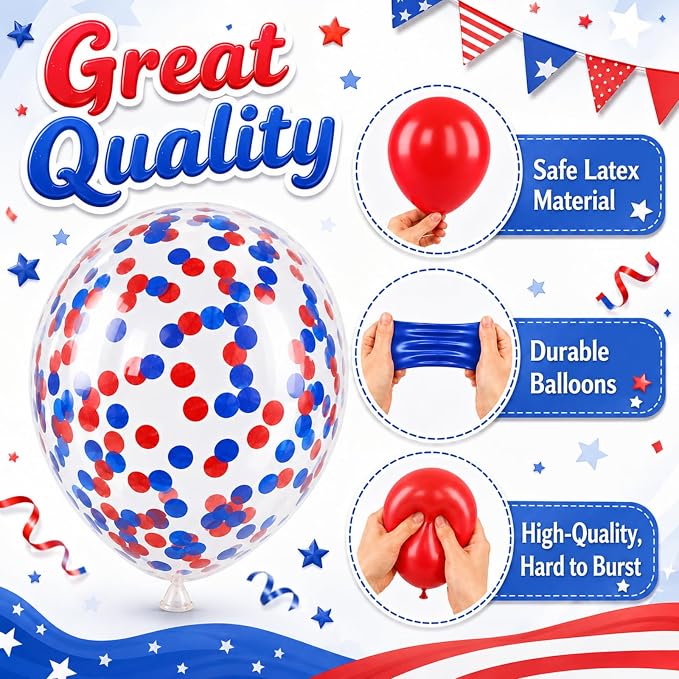 Red White Blue Balloons for Patriotic Decor | 12 Inch Red White Blue Confetti - Image 3